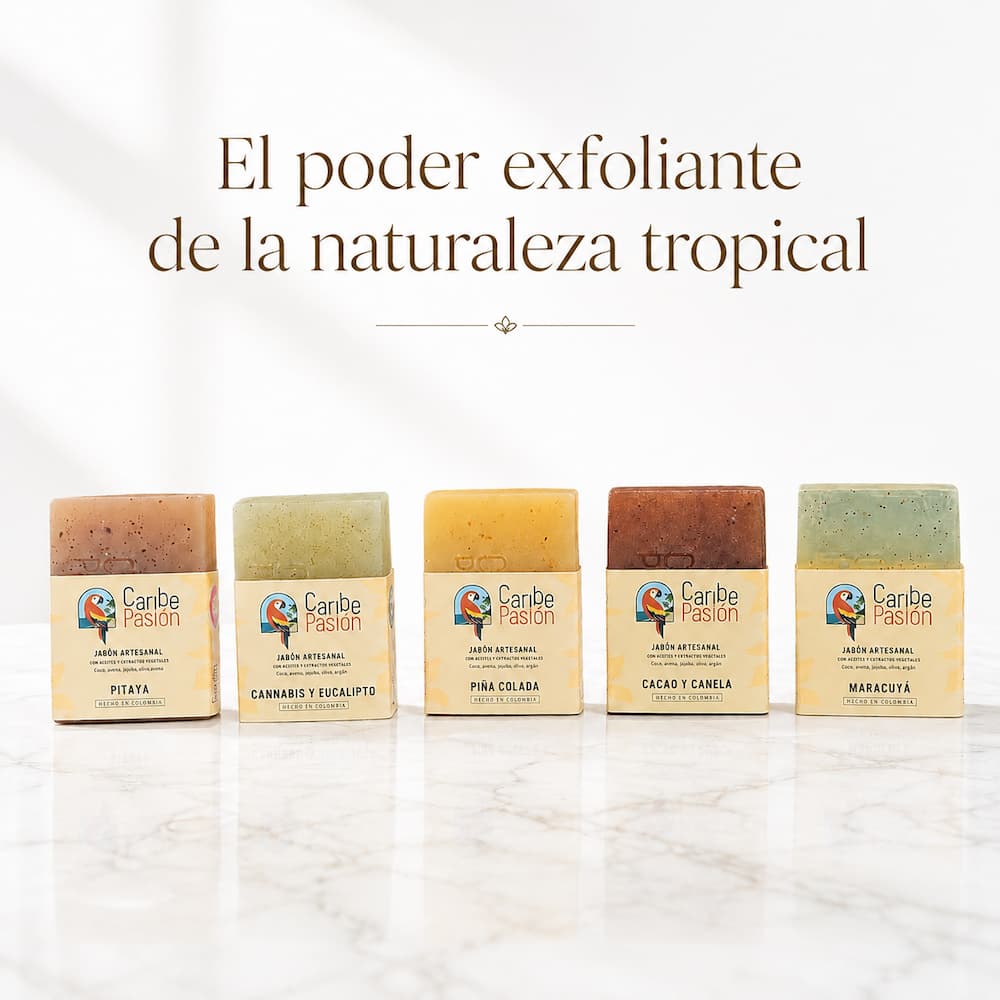 Cinco jabones exfoliantes de Caribe Pasión presentados en caja de regalo