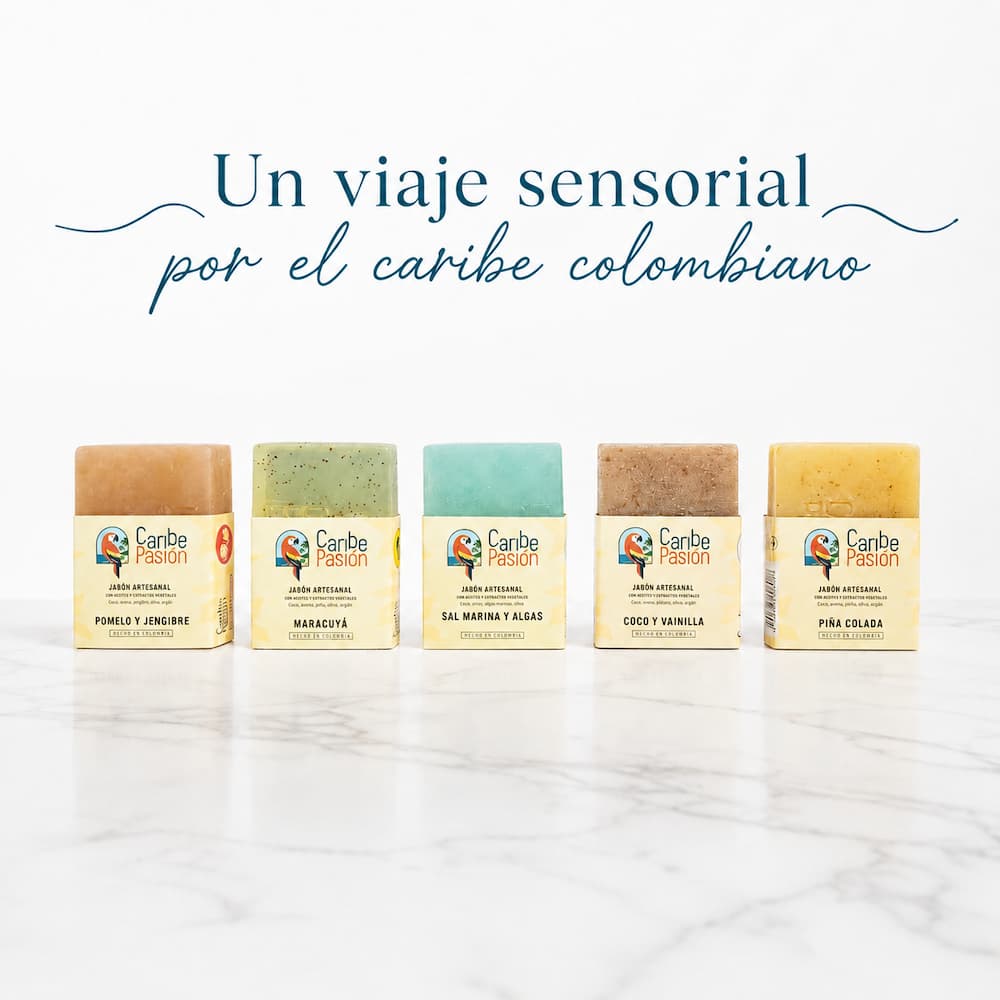 Caja del Kit Caribe Tropical con jabones artesanales colombianos