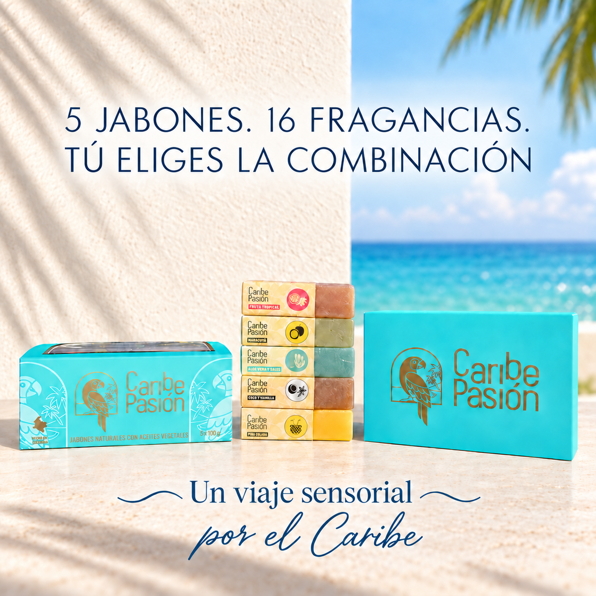 Kit personalizado de 5 jabones artesanales Caribe Pasión con aromas tropicales